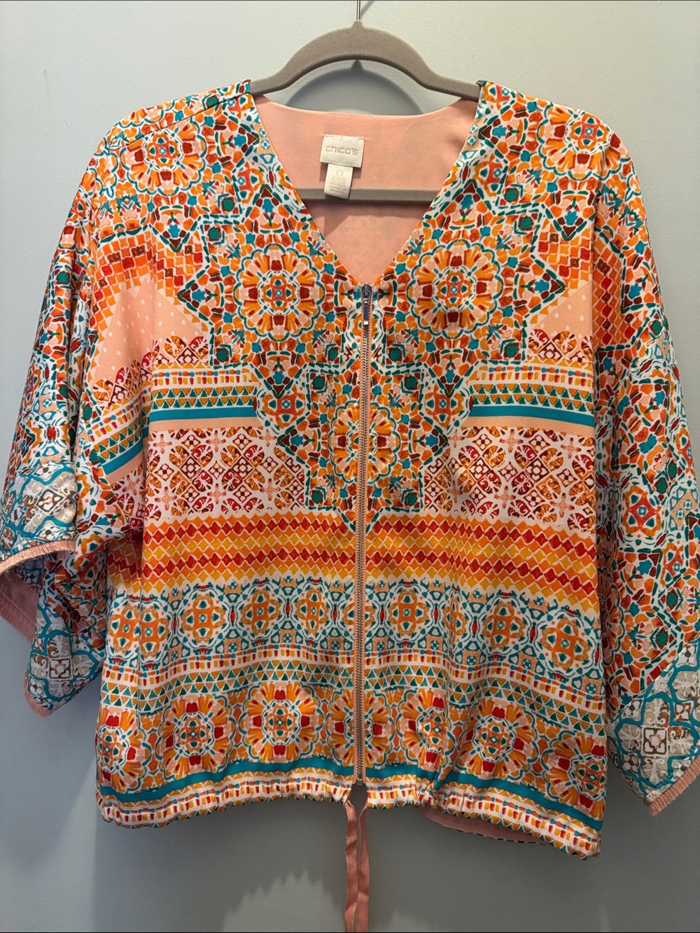 Chico's Pink Orange Teal Mosaic Zip-Front Tunic